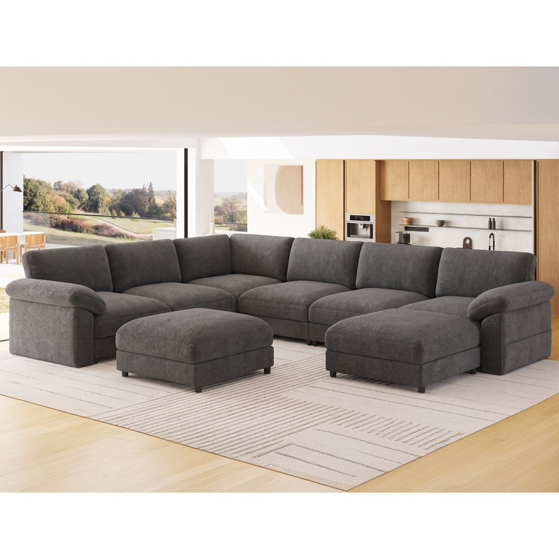 Hardaway Upholstered Chenille U-Shaped Sectional with Ottoman, Dark Gray Chenille, 37.44" H x 86.4" W x 33.5" D