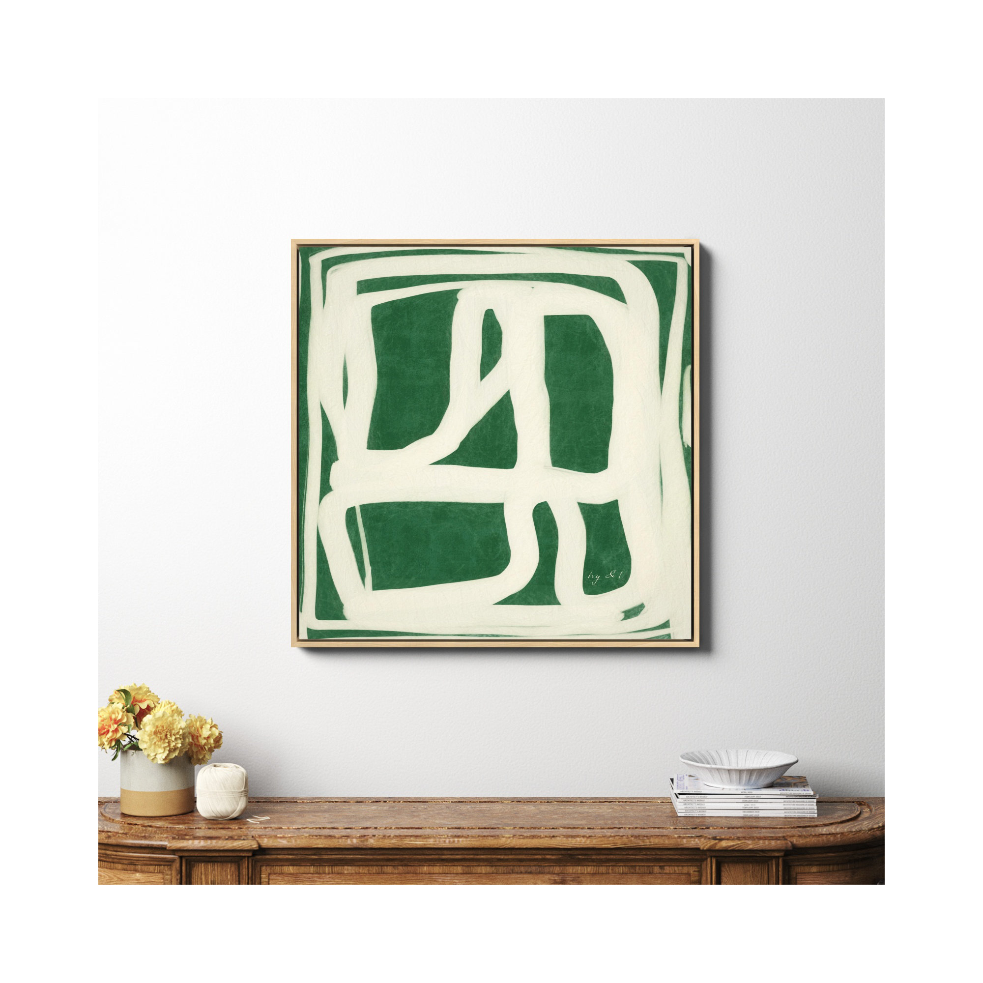Green White Movement by Ivy&I, Natural Framed Canvas, 36" H x 36" W x 2" D, No