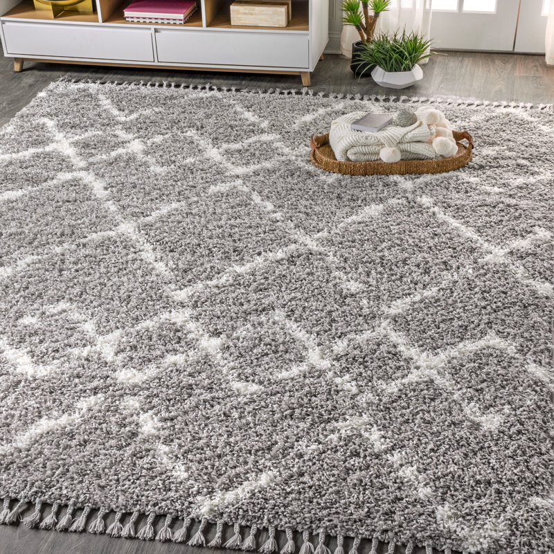 Cantera Shag Plush Tassel Moroccan Tribal Geometric Trellis Gray/Ivory Rug, Rectangle 4' x 6'