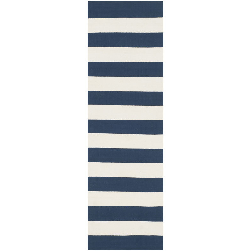Brookvale Striped Handmade Flatweave Cotton Navy/Ivory Area Rug, Runner 2'3" x 9'