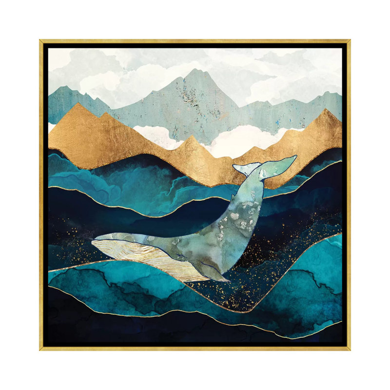 Baleine bleue - reproduction d'art, Aucun mat, H 18 po x l 18 po x 1,5 po, Toile encadrée d'or
