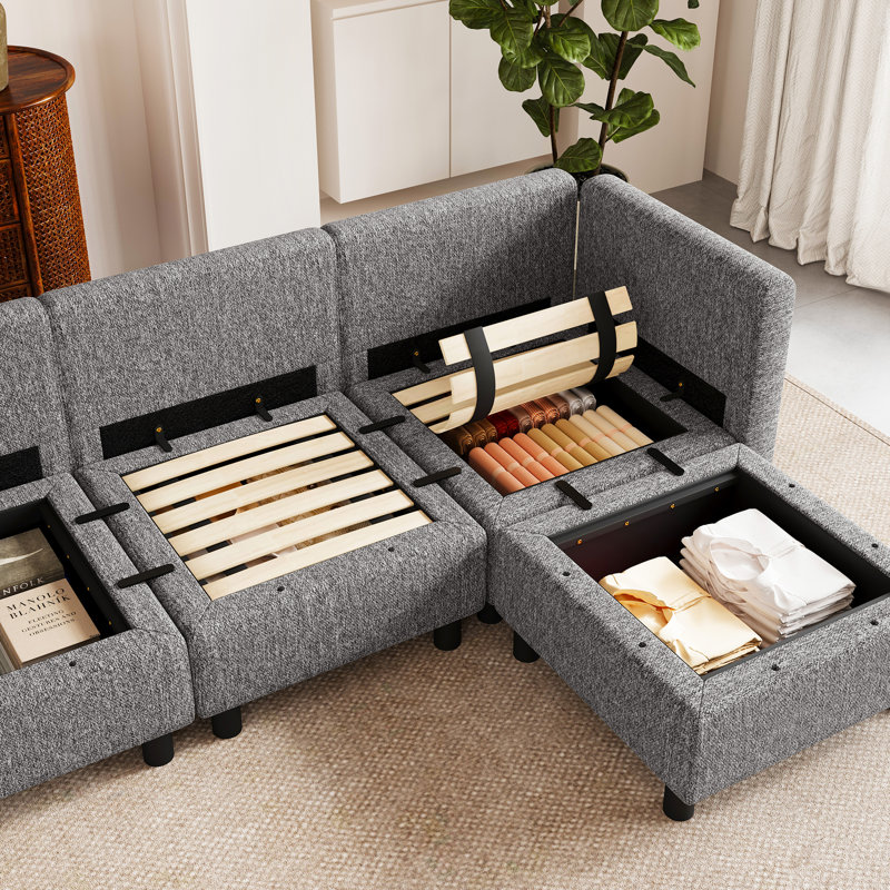 Single Modular Sofa Ottoman With Storage, Light Gray