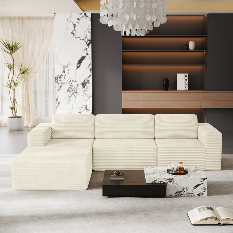 Modular Corduroy 303cm 3-seater Sofa With 1 Ottoman, No Assembly Required, With High Rebound Sponge, Beige