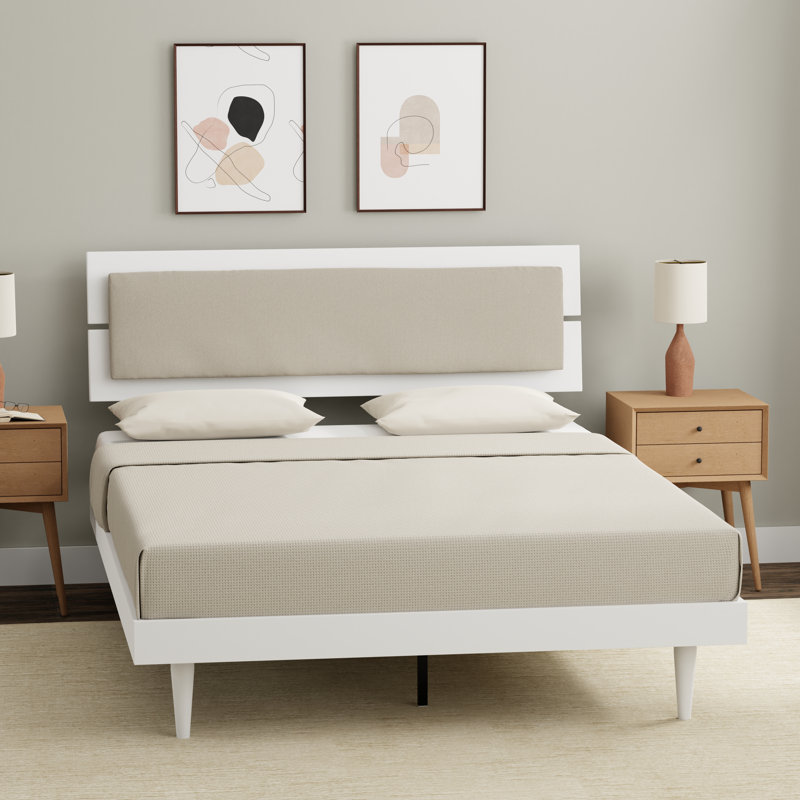 Benoni Wooden Bed With Taupe Cushion, White, Queen