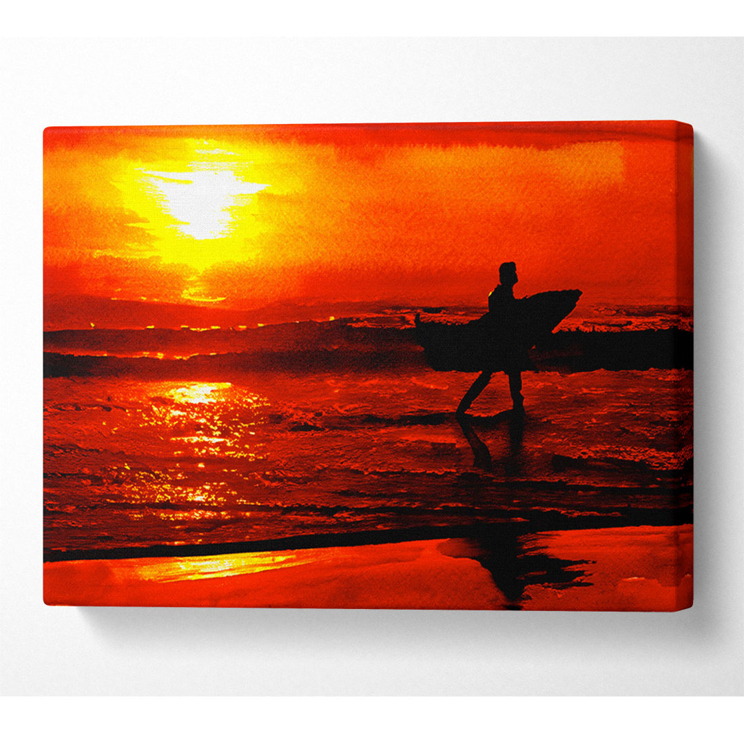 Surfer Atemberaubende Orange Ozean Leinwand Aquarell