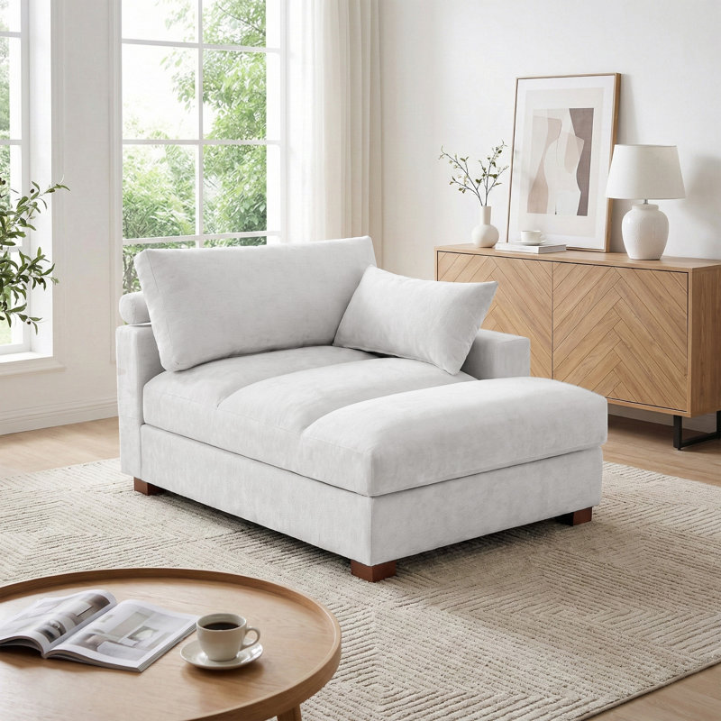 Chaise longue surdimensionnée rembourrée en chenille blanc cassé avec accoudoirs et coussins décoratifs, Blanc cassé