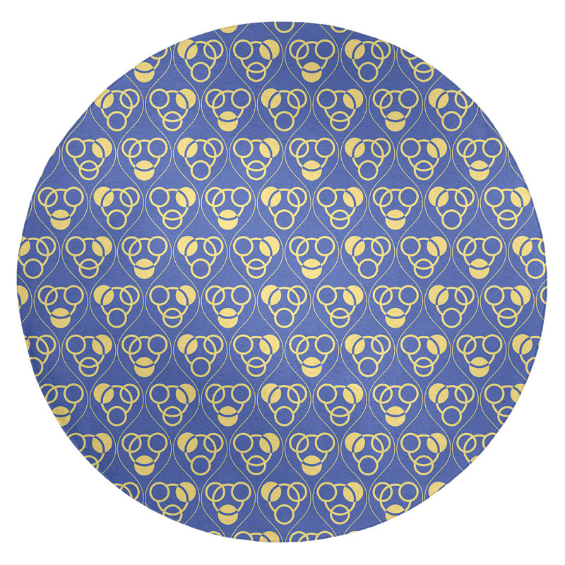Tapis bleu/jaune cercles/vagues, Rond 5 pi