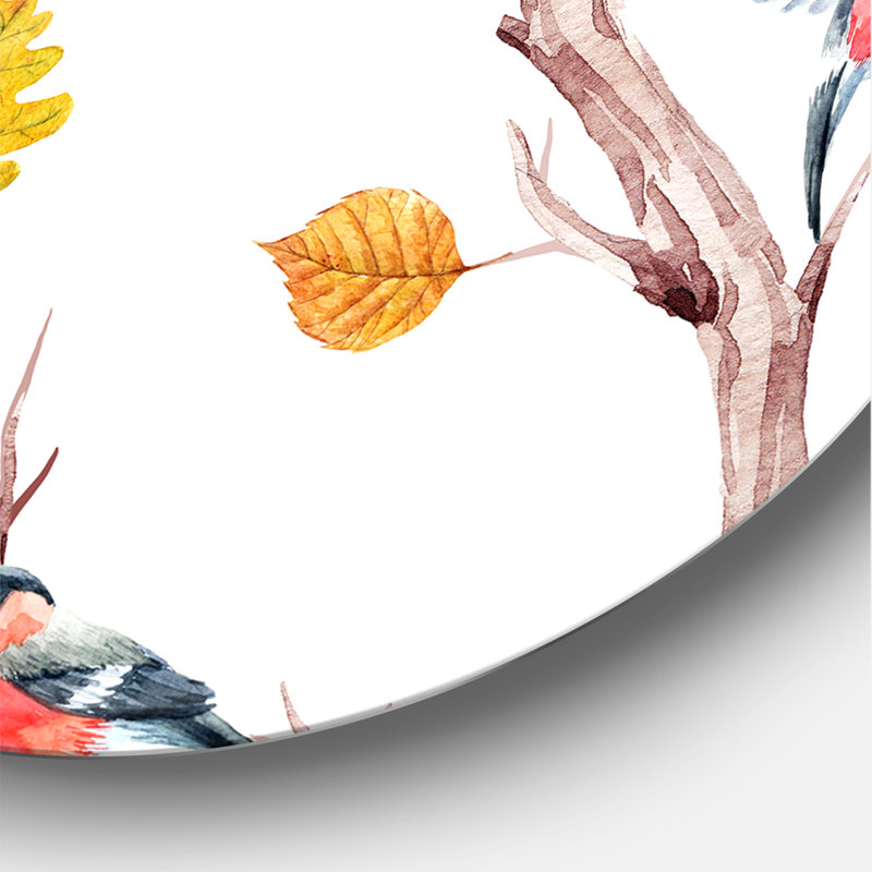 Arbres d'automne et petits oiseaux - art mural traditionnel en cercle métallique, H 11 po x l 11 po x p 1 po