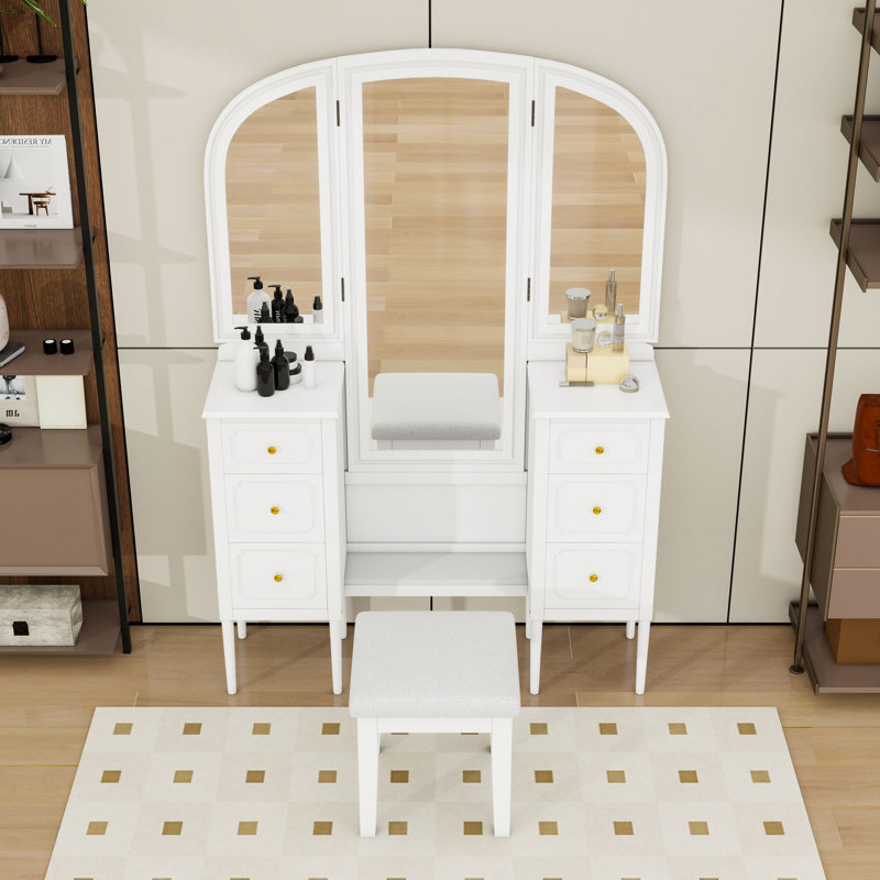 Makeup Vanity Desk with Triple Mirror, 6 Storage Drawers and Stool