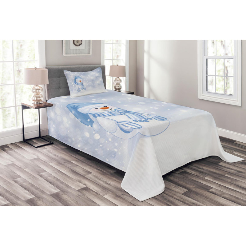 Snowman Cartoon Twin White Polyester Quilted Bedspread Set