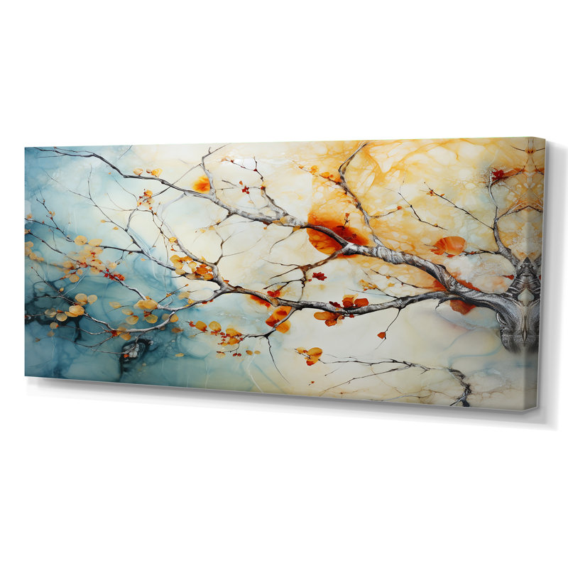 Orange, bleu sarcelle, érable brillant, agate I - arbre érable, art mural, Toile tendue, H 28 po x l 60 po x P 1,5 po