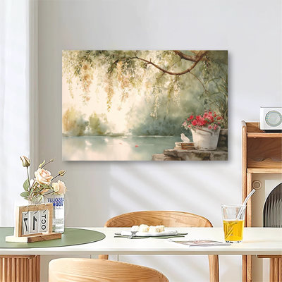 Large Gallery Wrapped Canvas Wall Art Print, Watercolor Willow Tree With White Flowers And Green Foliage for Living Room & Bedroom