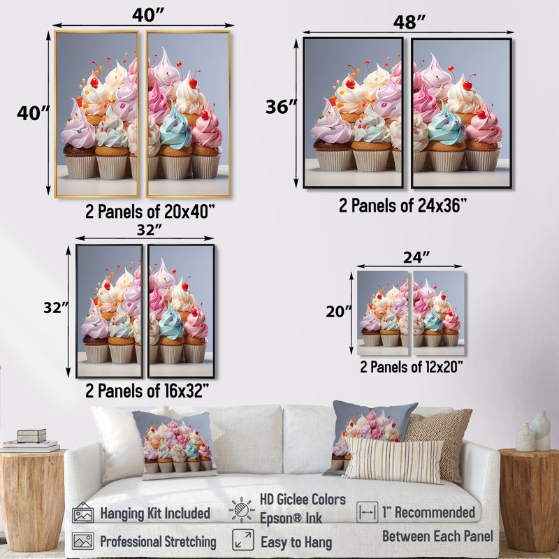 Popart Cupcakes Delight - impressions sur toile traditionnelles, Black, 36" H x 48" W, Impression encadrée flottante