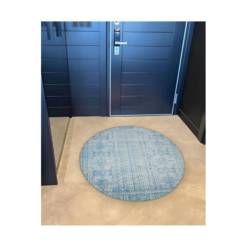 Light Blue And White Ethnic Patterned Woven Base Modern Decorative Carpet, Round 4'