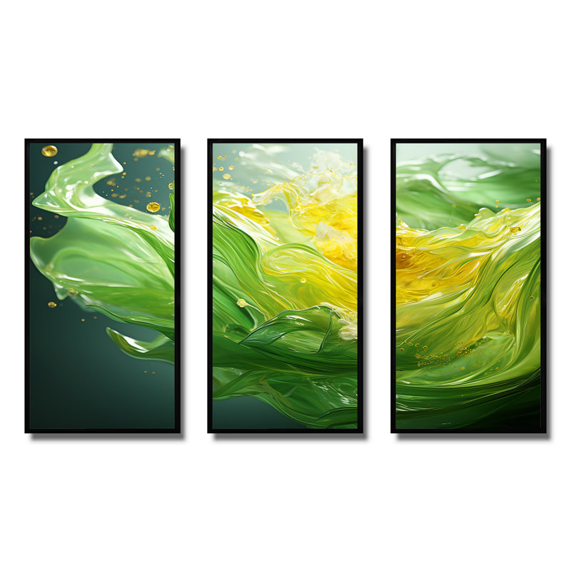 «Green and Yellow Harmonious Chaos II - Abstract Collages», art mural, Cadre flottant noir, H 32 po x l 48 po x P 1 po