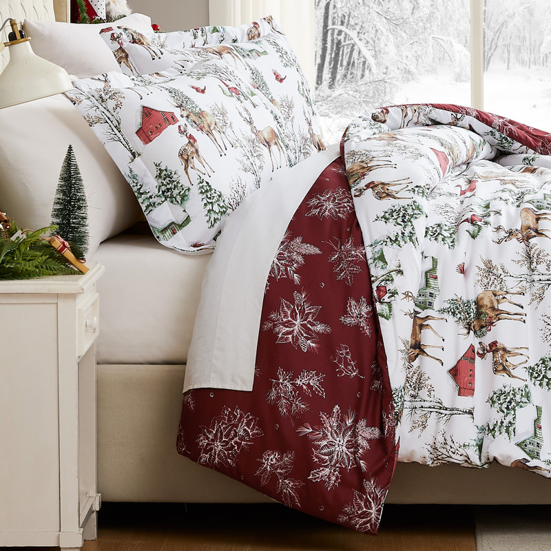 White Christmas Oversized Reversible Holiday Bedding Down Alternative Comforter Set with shams