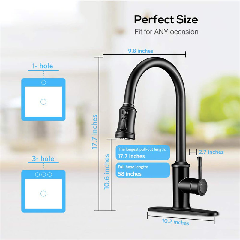 Robinet de cuisine à poignée simple en acier inoxydable avec accessoires, Noir mat