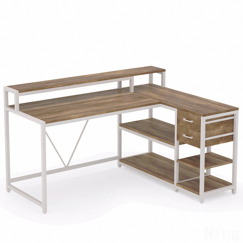 Bureau en L de 55 pouces, bureau d'écriture blanc et blanc avec rehausse de moniteur, tiroirs et tablettes de rangement en forme de L