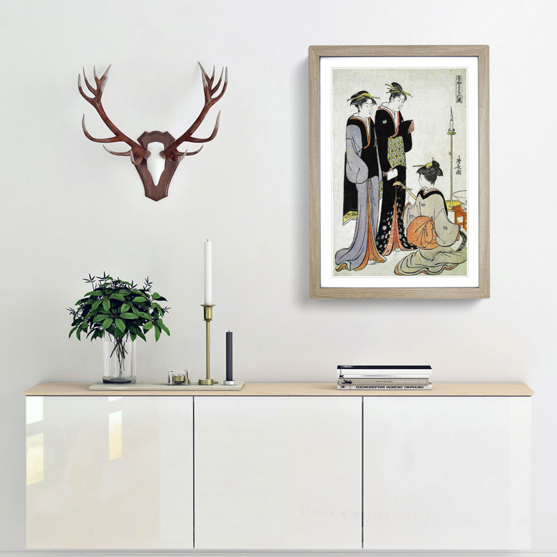 Two Courtesans & a Geisha by Torii Kiyonaga - Picture Frame Painting Print, Oak Framed, 65cm H x 48cm W x 2cm D
