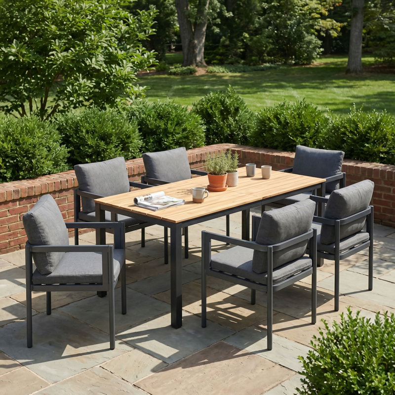 Ensemble de salle à manger d'extérieur 7 pièces, table en bois d'acacia durable avec chaises en aluminium confortables pour les patios