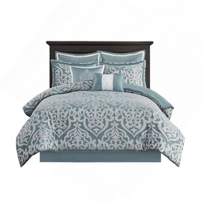 8 Piece Luxurious Jacquard Comforter Set In Aqua And Silver,  For Year-Round Use And Elegant Bedroom Decor