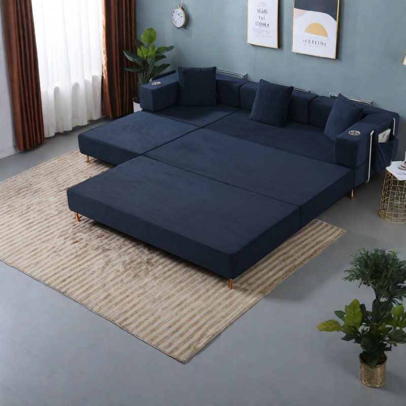 Canapé d'angle pliable avec rangement, 274 cm (108 pouces) en velours côtelé, canapé portable moderne, Bleu