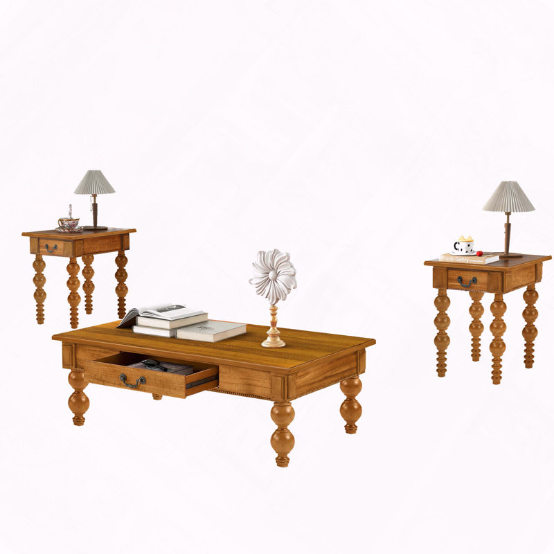 Ensemble de 3 tables basses en bois massif avec tiroir de rangement, Naturel