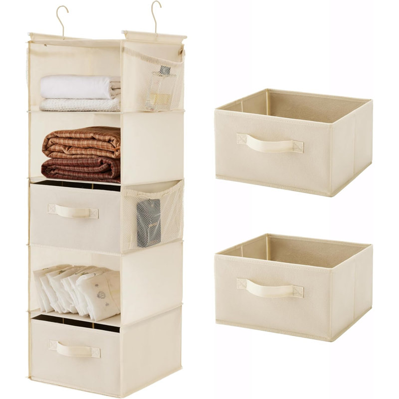 Organisateur de penderie à 5 niveaux, tablette en tissu avec 2 crochets robustes pour le rangement, beige pliable