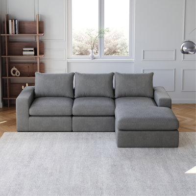 Canapé désossé de 99 pouces avec méridienne, canapé modulaire rembourré en forme de L avec trois coussins, canapé modulaire en velours côtelé pour le salon et la chambre à coucher, aucun assemblage requis