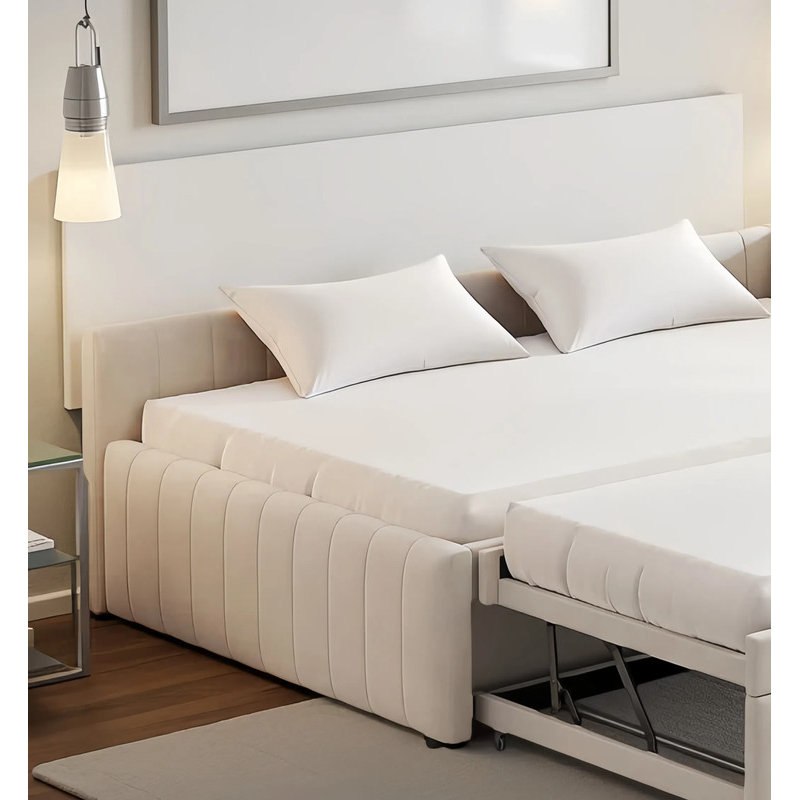 Modern Soft Upholstered L-Shaped Daybed with Twin Trundle, Beige