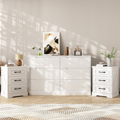 3-Piece Bedroom Set - 6 Drawer 47.2" W Double Dresser & 2 3-Drawer Nightstand Set With Charging Station