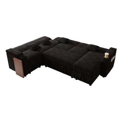 100" Corduroy U-Shaped Pull-Out Sofa Bed with USB Ports Table Board and Cup Holder Soft Cushioned Storage Lounge Sofa
