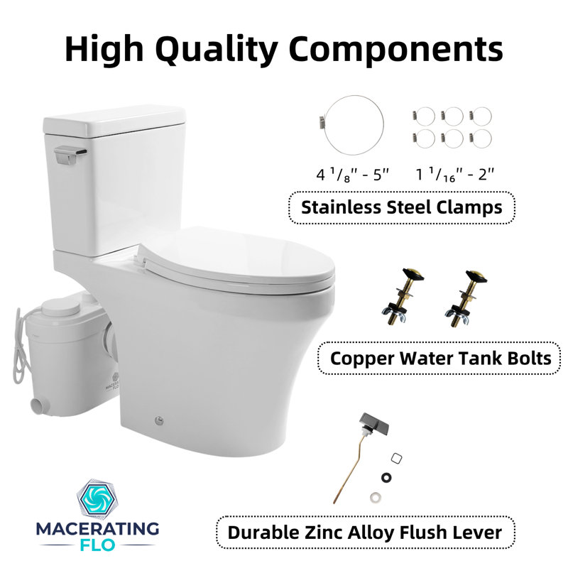 Système de toilette Macerating pour le sous-sol avec pompe 750W, 4 entrées d'eau, toilette verticale à chasse verticale 36Ft, chasse simple 1,28GPF, bol allongé, siège de 18 pouces de hauteur, deux tuyaux d'extension