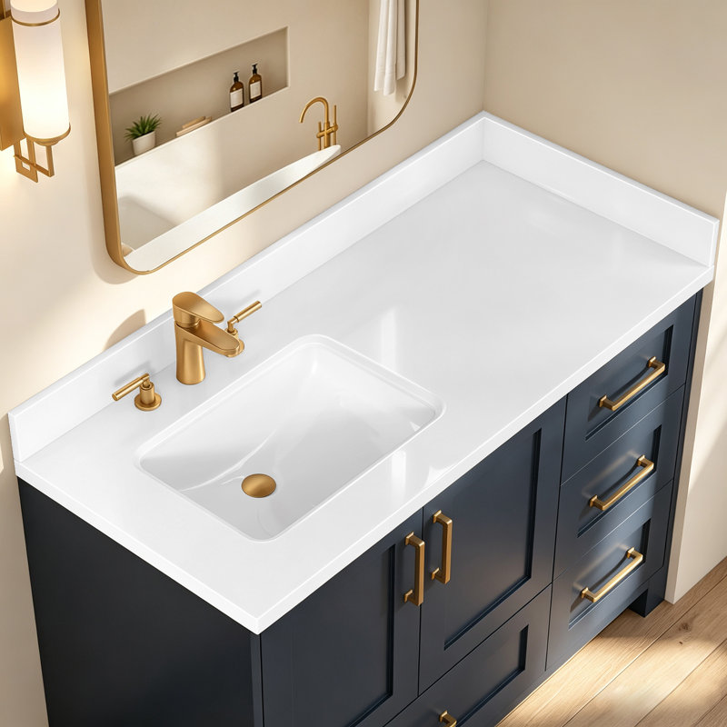 48 po X P 22 po Meuble-lavabo de salle de bain rectangulaire en pierre blanche D Dosseret et dosseret en H, 3 trous de robinet pré-percés