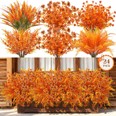 Lot de 24 chrysanthèmes artificiels d'automne, tiges variées, pour la décoration extérieure (porche, jardinière, etc.). Couleurs orange et jaunes.