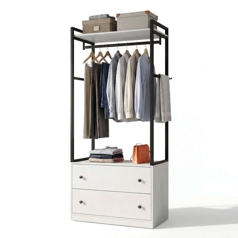 32"W 2 Drawer Clothing Rack with Wood Top and Steel Frame