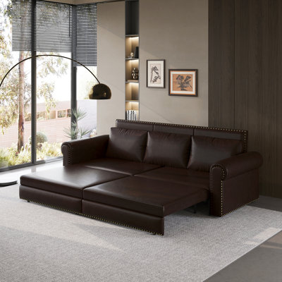Chesterfield Sofa,93.7" King Pull Out Sofa Bed, 3-In-1 Faux Leather Convertible Sleeper Sofa With Nailhead Trim & Rolled Arm,Multi-Functional Sofa Bed,Dark Brown