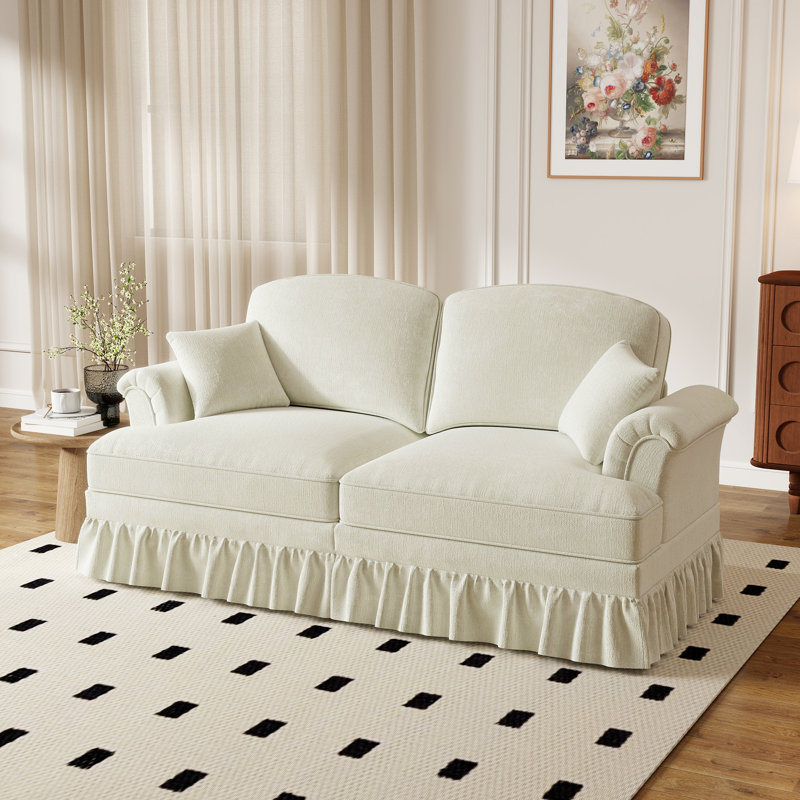 Beige Chenille 2-seater Sofa With Removable Skirts, Beige