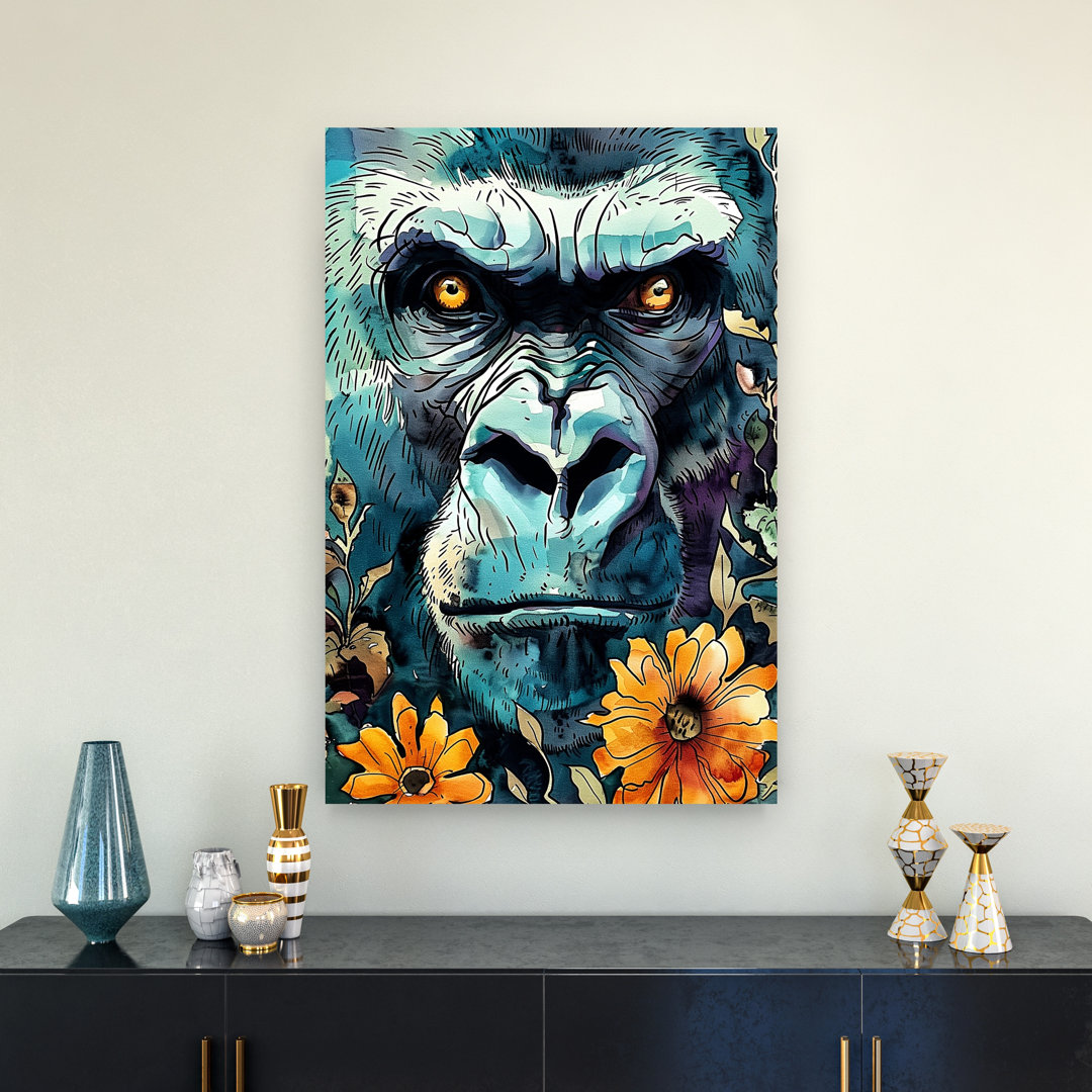 Majestic Blue Gorilla Gorilla Flower Tropical Wall Art Print