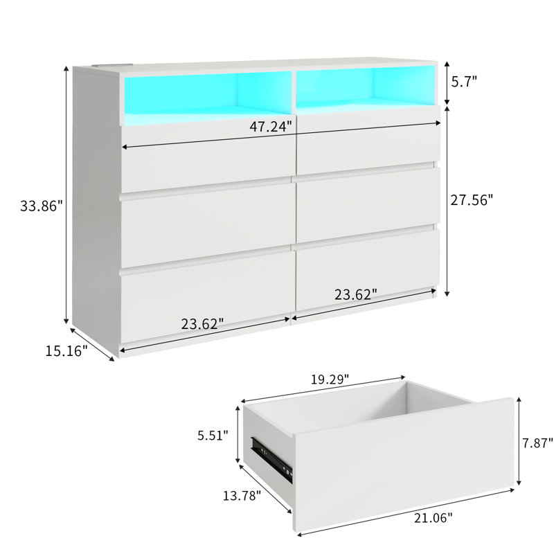 Dresser 6 Drawer With Power Outlet & LED Lights, White