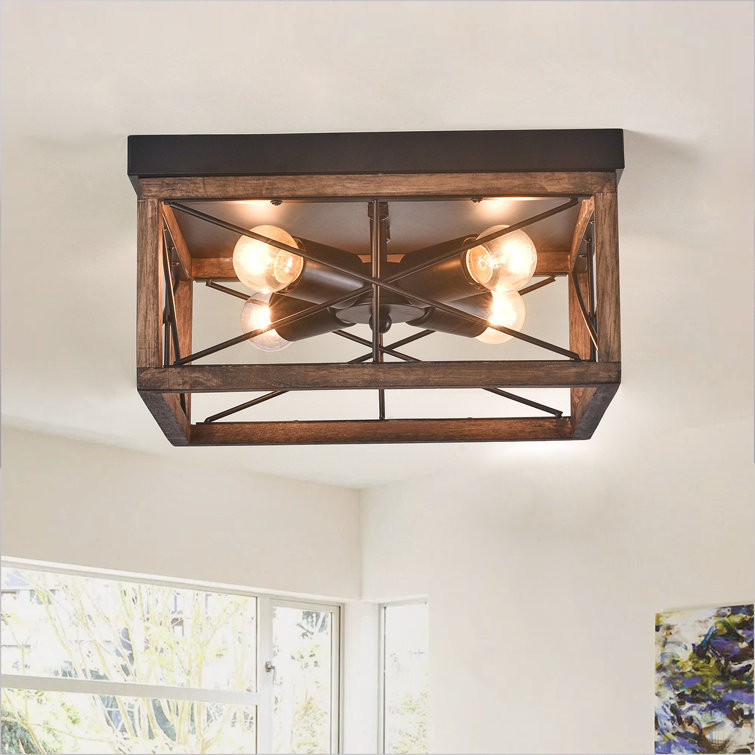 Meisel 4 - Light Bulbs 12.6'' Metal Wood Frame Caged Unique Flush Mount Ceiling Light Fixture