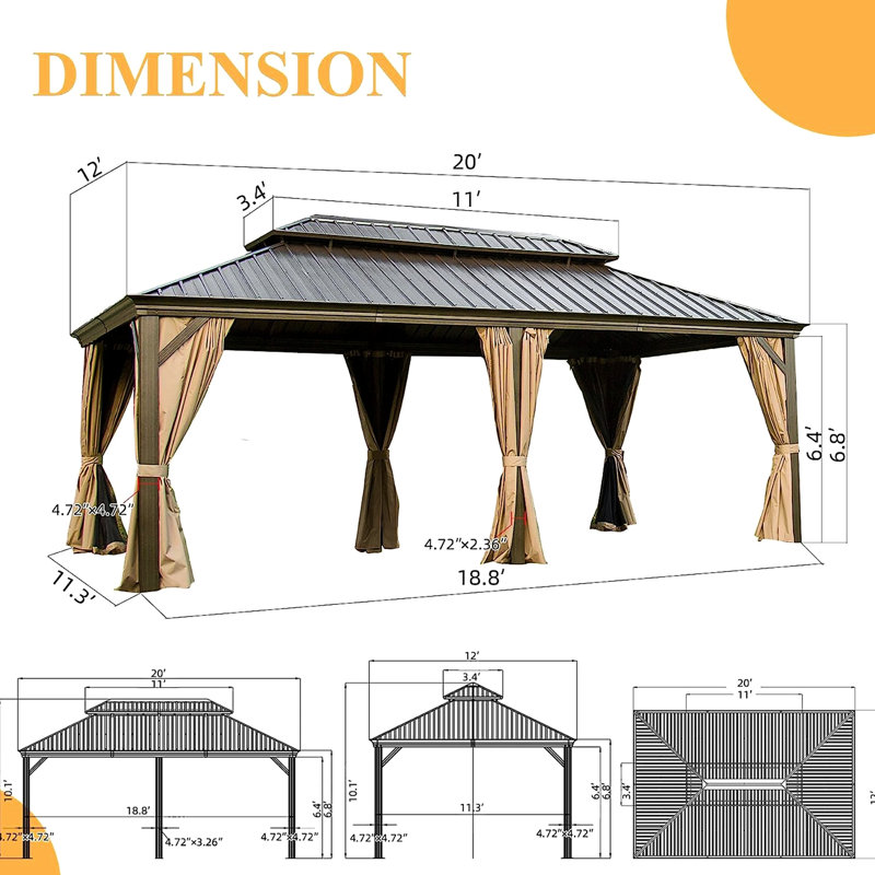 12'X20' Metal Gazebo With Double Roof. Fade-, Rustproof, Enhance Privacy Curtains And Netting For Lawn  Brown Rust- Frame - Brown