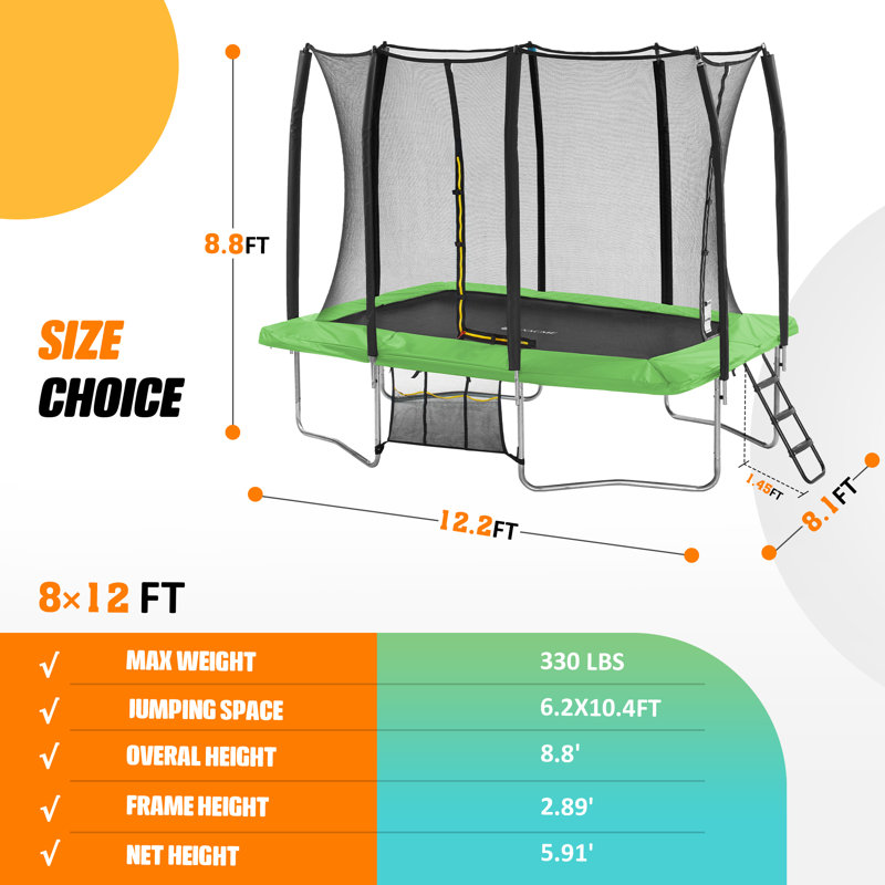 Trampoline de jardin rectangulaire 8 'x 12' avec enceinte sécuritaire, Vert