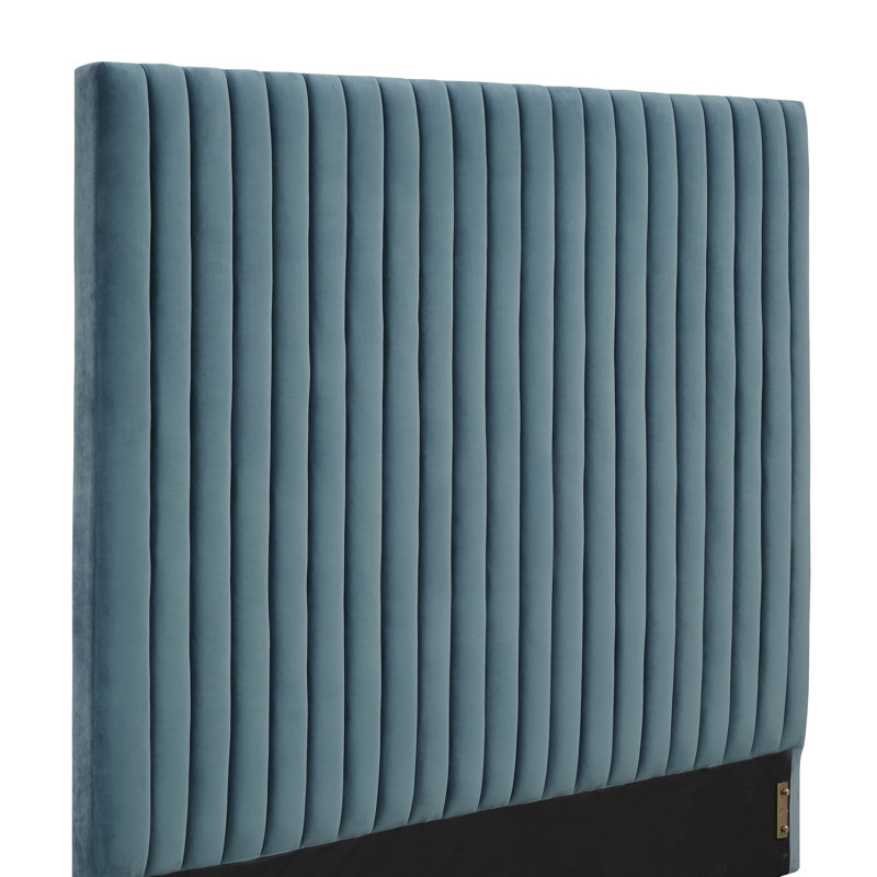Lit plateforme en bois massif avec tête de lit tapissier, Velours bleu mer, Grand