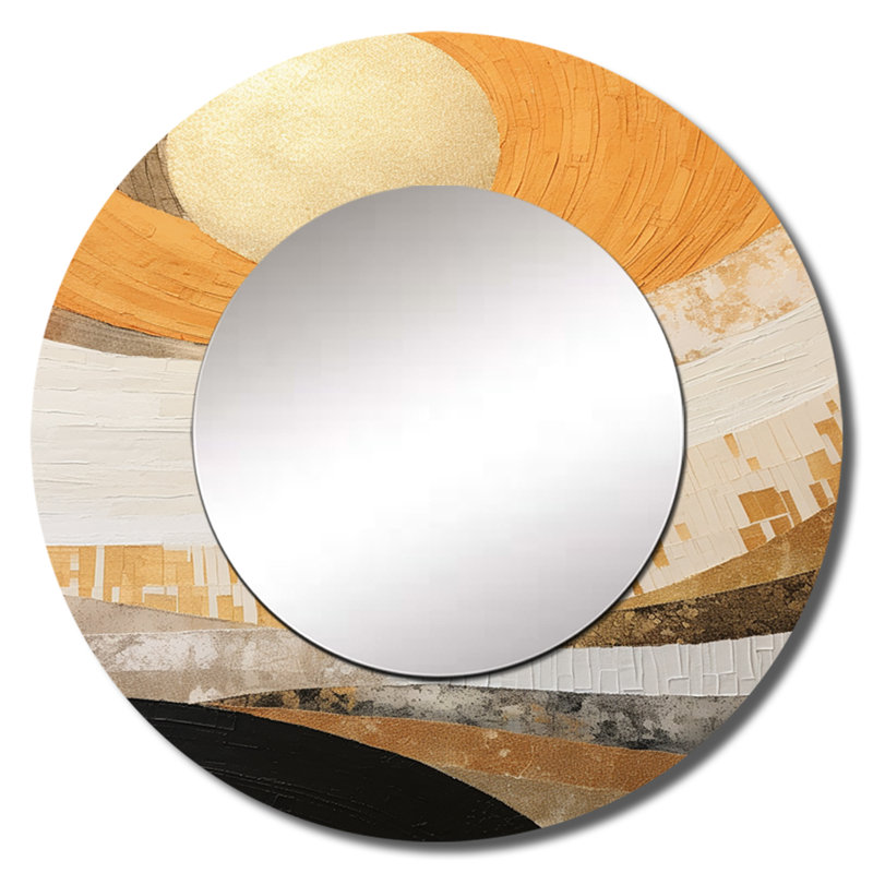«Sawsan» géométrique doré coucher de soleil harmonie II - miroir traditionnel unique, grand miroir mural rond beige, impression d'art en métal