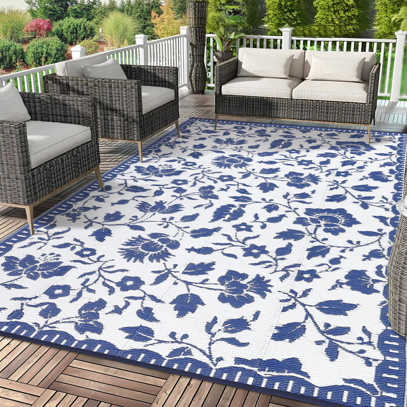 Waterproof Reversible Outdoor Rug – UV Resistant Plastic Straw Carpet – Lightweight & Collapsible for Patio, Deck, RV, Camping or Backyard – Floral Print