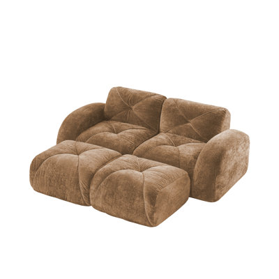 Camel Velvet Tufted 2-Seat Modular Loveseat Sofa with Movable Ottomans, No Assembly Required