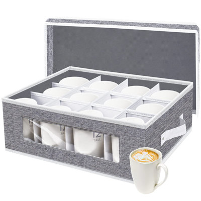 Boîte de rangement pour tasses, organisateur de contenants de rangement en porcelaine avec séparateurs pour 12 tasses à café, tasse à thé, transport et emballage (gris)