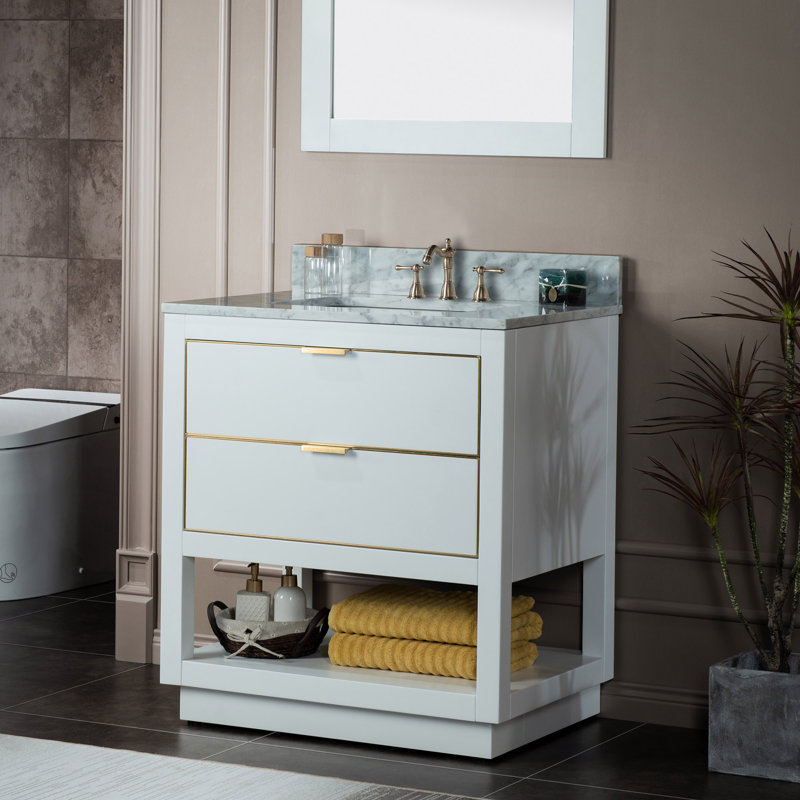 30"x21"x33" Solid Wood Bath Vanities with Pre-Drilled Hole for Single Hole Faucet, Brushed Nickel, White, 8” Centers