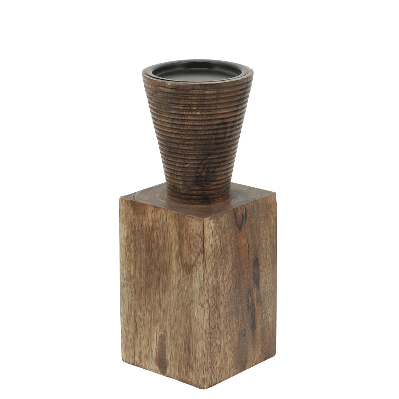 Porte-pilier en bois de manguier avec plateau conique sculpté et base carrée - Décoration moderne pour le salon ou le vestibule